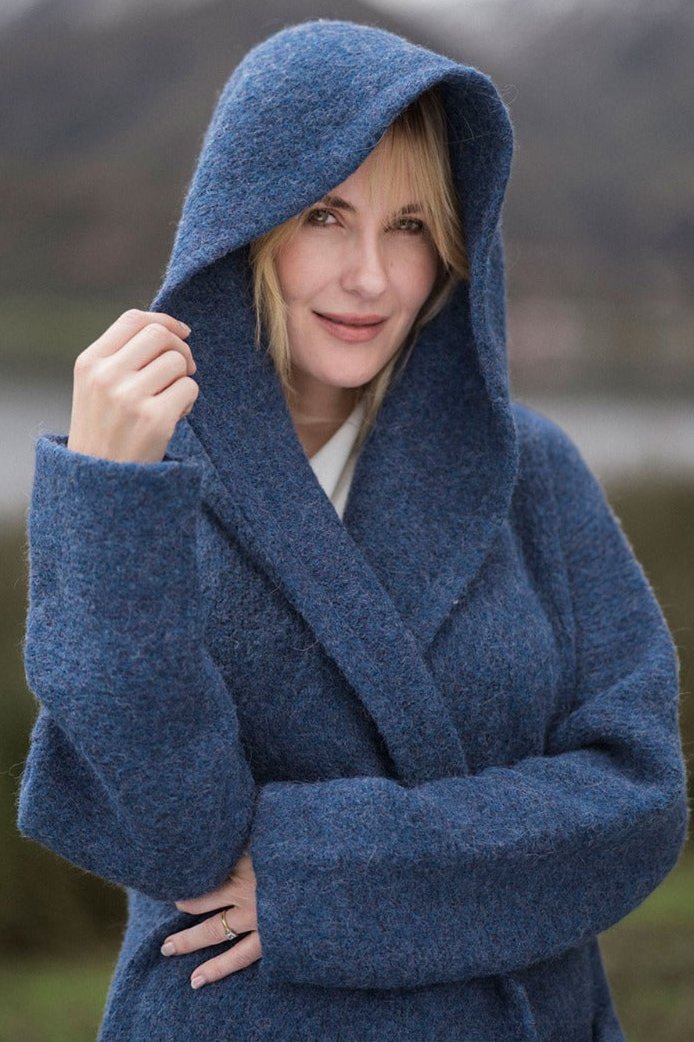 Hooded jacket in alpaca wool, blue popular tones, size XS-XL